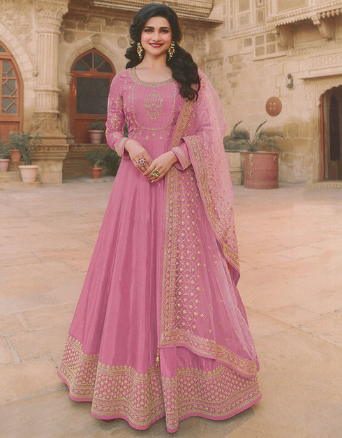 Designer Party Wear Heavy Anarakali Suit Collection Light Pink Dola Silk Pant Anarkali Front View