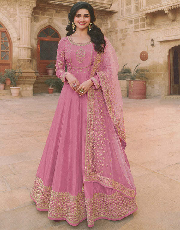 Designer Party Wear Heavy Anarakali Suit Collection Light Pink Dola Silk Pant Anarkali Front View