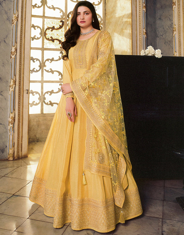 Designer Party Wear Heavy Anarakali Suit Collection Yellow Dola Silk Pant Anarkali Front View