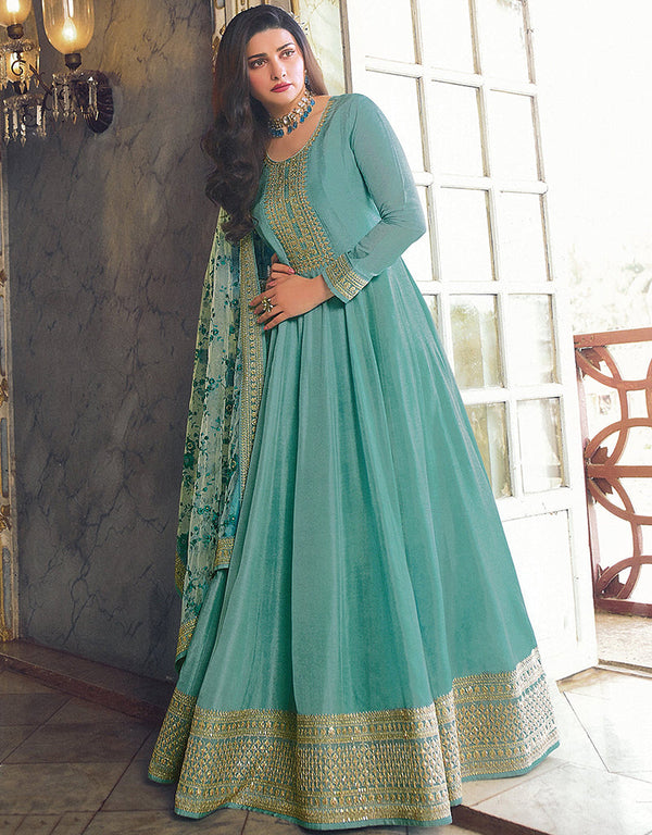 Designer Party Wear Heavy Anarakali Suit Collection Blue Dola Silk Pant Anarkali Front View
