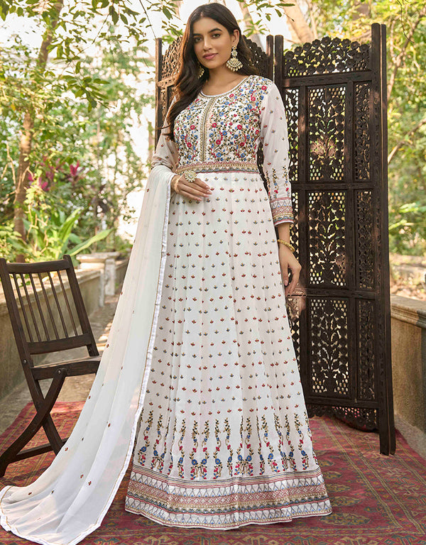 Designer Party Wear Heavy Anarakali Suit Collection White Fox Georgette Pant Anarkali Front View