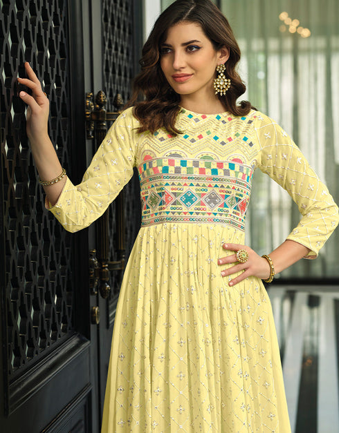 Designer Party Wear Heavy Anarakali Suit Collection Yellow Fox Georgette Pant Anarkali Close-up View