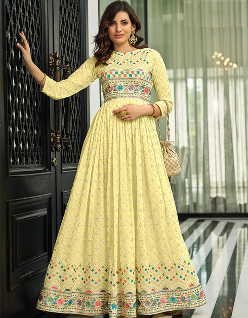 Designer Party Wear Heavy Anarakali Suit Collection Yellow Fox Georgette Pant Anarkali Front View