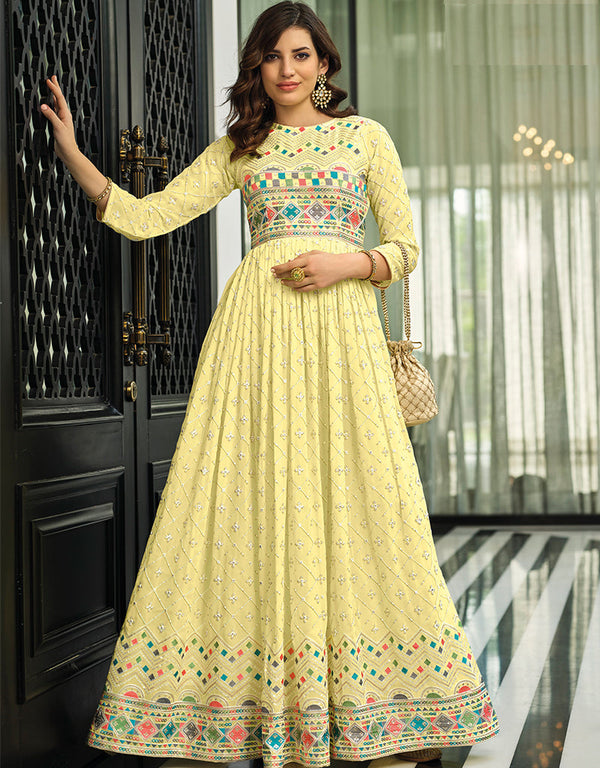 Designer Party Wear Heavy Anarakali Suit Collection Yellow Fox Georgette Pant Anarkali Front View