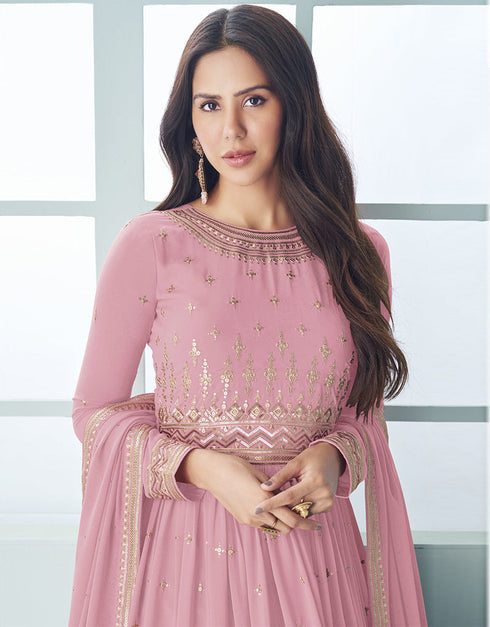 Designer Party Wear Heavy Anarakali Suit Collection Pink Fox Georgette Pant Anarkali Close-up View
