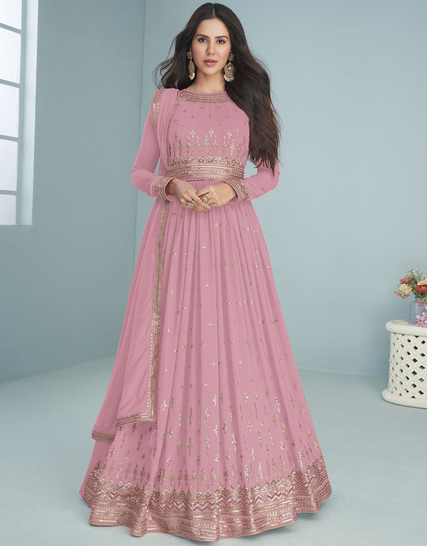 Designer Party Wear Heavy Anarakali Suit Collection Pink Fox Georgette Pant Anarkali Front View