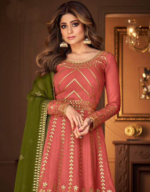 Heavy Designer Festive Wear Lehenga Suit Peach Real Georgette Lehenga Suit Back View