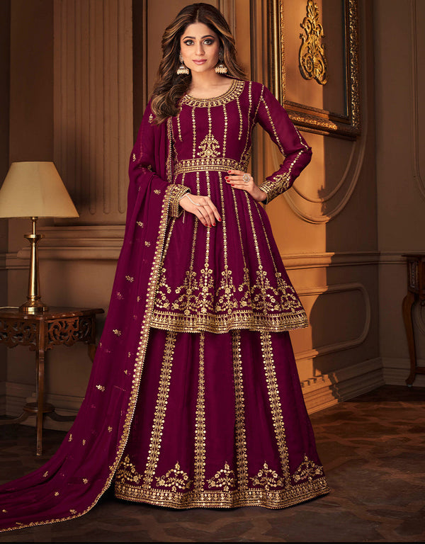 Heavy Designer Festive Wear Lehenga Suit Wine Real Georgette Lehenga Suit Front View