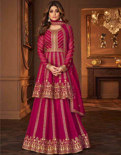 Heavy Designer Festive Wear Lehenga Suit Pink Real Georgette Lehenga Suit Front View