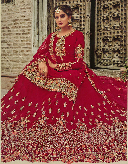 Heavy Designer Festive Wear Lehenga Suit Red Georgette Lehenga Suit Close-up View