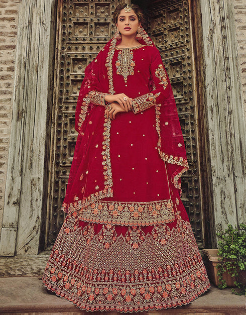 Heavy Designer Festive Wear Lehenga Suit Red Georgette Lehenga Suit Front View