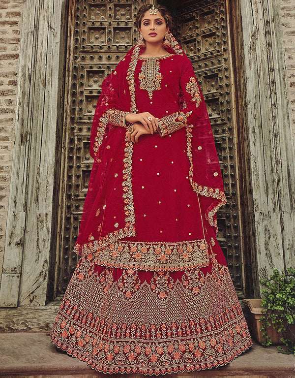 Heavy Designer Festive Wear Lehenga Suit Red Georgette Lehenga Suit Front View