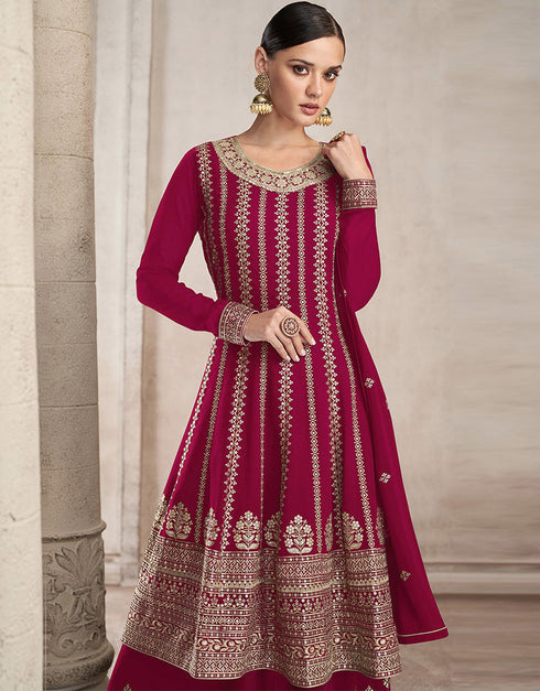 Heavy Designer Festive Wear Salwar Suit Pink Fox Georgette Palazzo Suit Close-up View