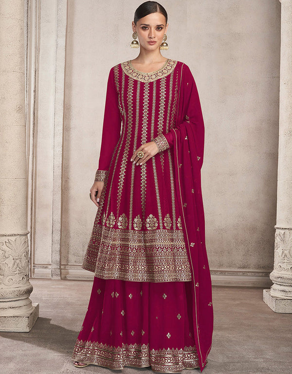 Heavy Designer Festive Wear Salwar Suit Pink Fox Georgette Palazzo Suit Front View