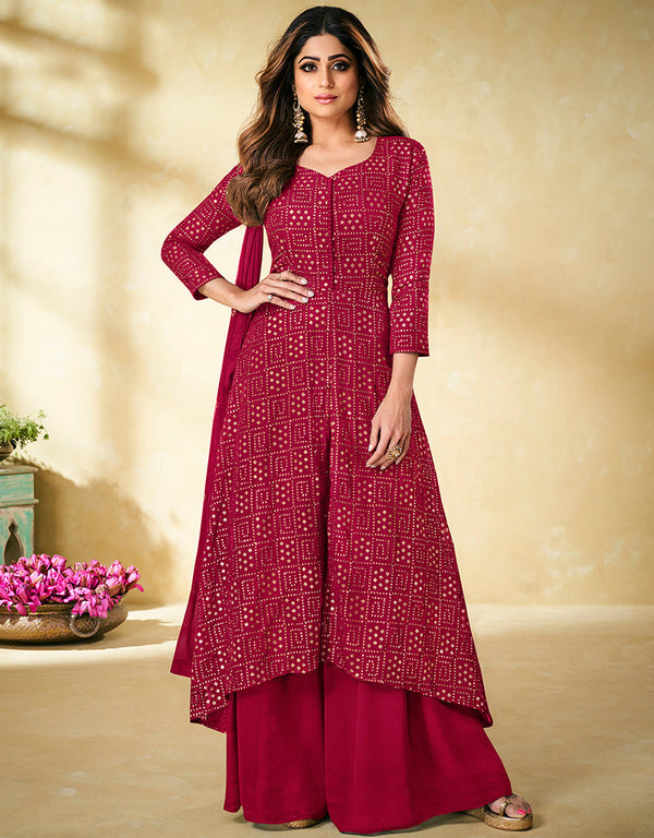 Designer Party Wear Heavy Salwar Suit Collection Pink Real Georgette Palazzo Suit Front View