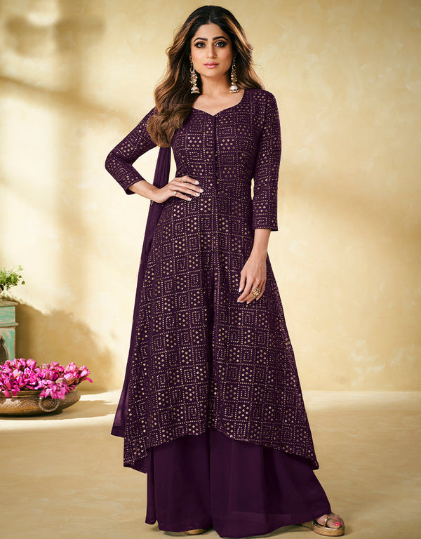 Designer Party Wear Heavy Salwar Suit Collection Wine Real Georgette Palazzo Suit Front View