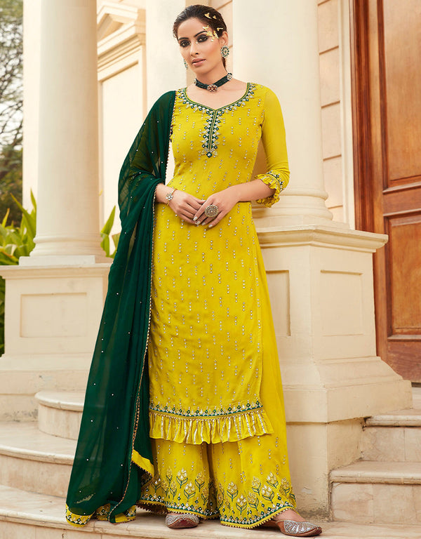 Designer Party Wear Heavy Salwar Suit Collection Yellow Fox Georgette Palazzo Straight Front View