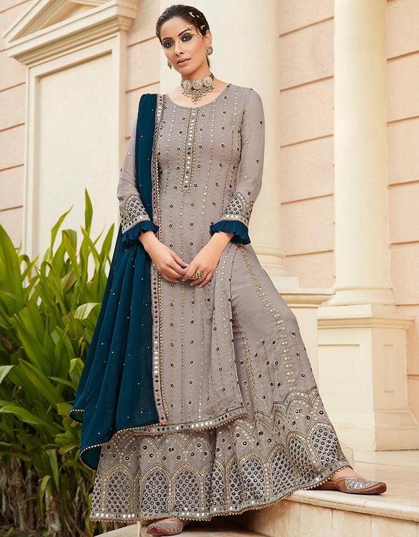 Designer Party Wear Heavy Salwar Suit Collection Grey Fox Georgette Palazzo Straight Front View