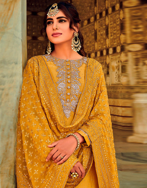 Designer Party Wear Heavy Salwar Suit Collection Mustard Faux Georgette Palazzo Straight Close-up View