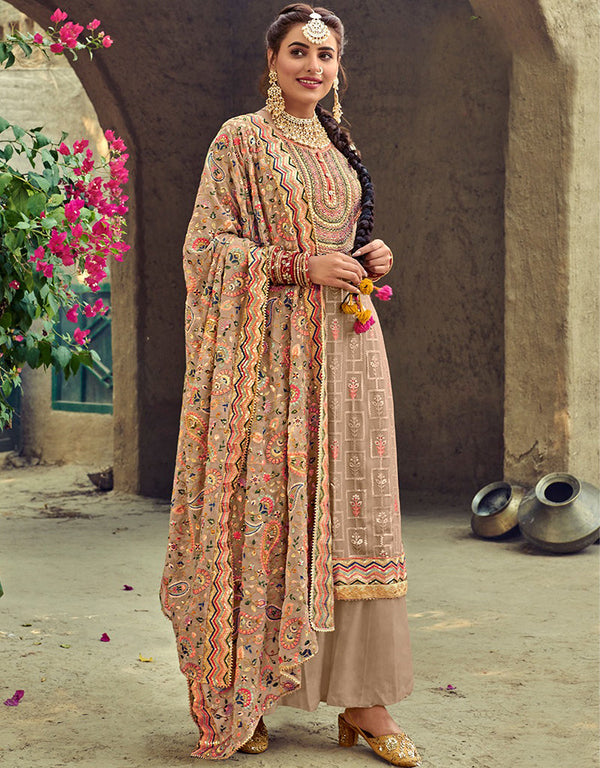 Designer Party Wear Heavy Salwar Suit Collection Beige Faux Georgette Palazzo Straight Front View