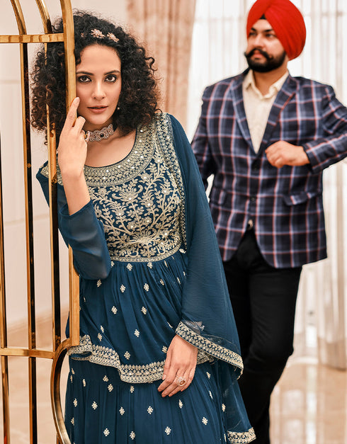 Designer Party Wear Heavy Salwar Suit Collection Teal Viscose Georgette Sharara Suit Close-up View