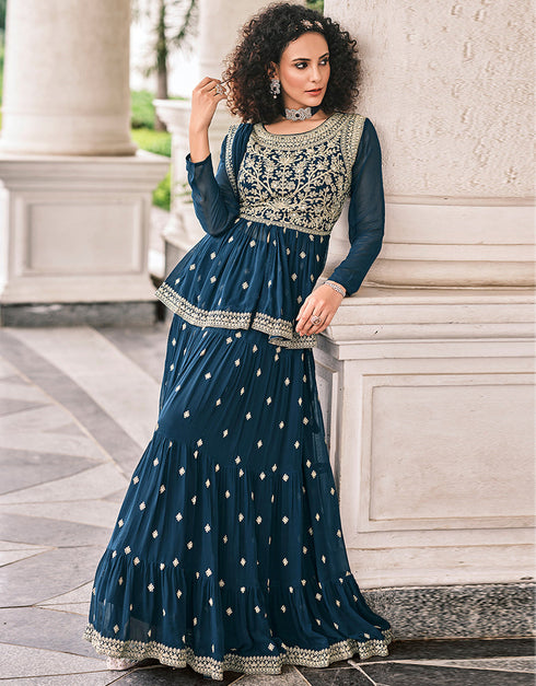 Designer Party Wear Heavy Salwar Suit Collection Teal Viscose Georgette Sharara Suit Front View