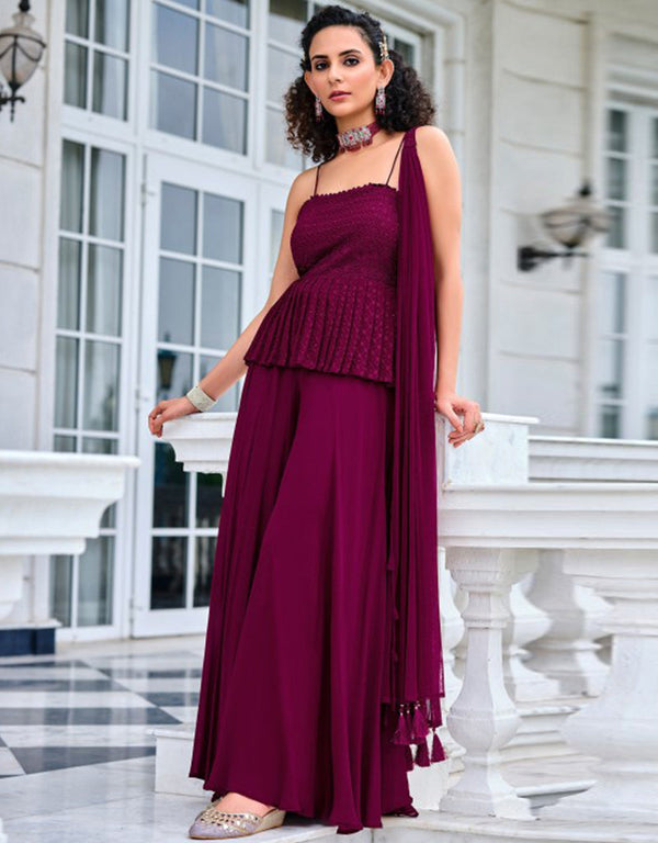 Designer Party Wear Heavy Salwar Suit Collection Burgundy Viscose Georgette Palazzo Suit Front View