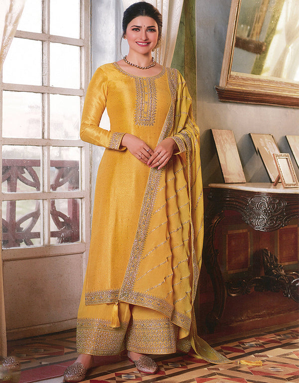 Designer Party Wear Heavy Salwar Suit Collection Yellow Silk Georgette Palazzo Straight Front View