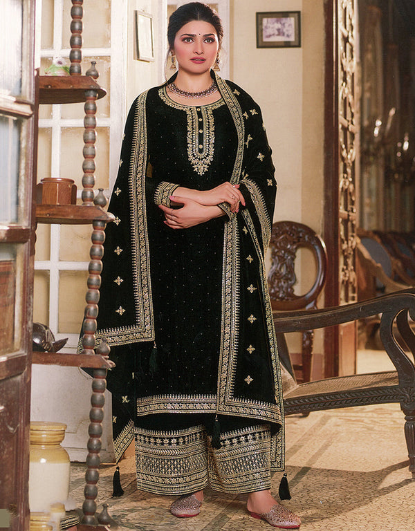 Designer Party Wear Heavy Salwar Suit Collection Black Silk Georgette Palazzo Straight Front View