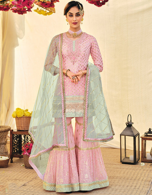 Designer Party Wear Heavy Salwar Suit Collection Pink Faux Georgette Sharara Suit Front View