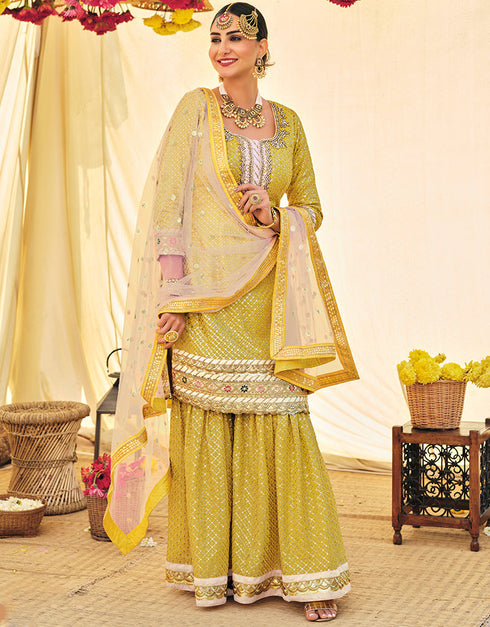 Designer Party Wear Heavy Salwar Suit Collection Yellow Faux Georgette Sharara Suit Front View