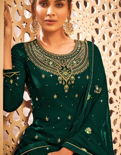 Designer Party Wear Heavy Salwar Suit Collection Green Georgette Palazzo Straight Close-up View