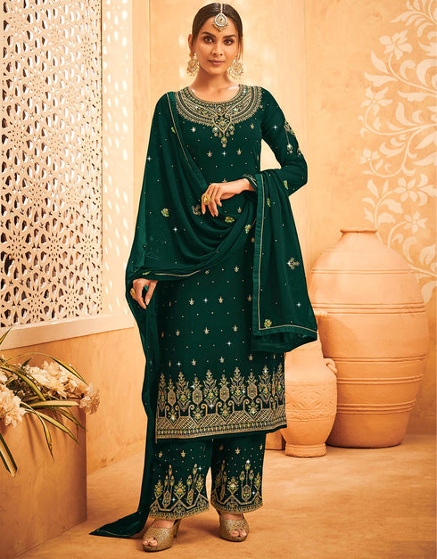 Designer Party Wear Heavy Salwar Suit Collection Green Georgette Palazzo Straight Front View
