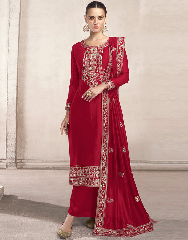 Designer Party Wear Heavy Salwar Suit Collection Red Heavy Dola Silk Palazzo Straight Front View