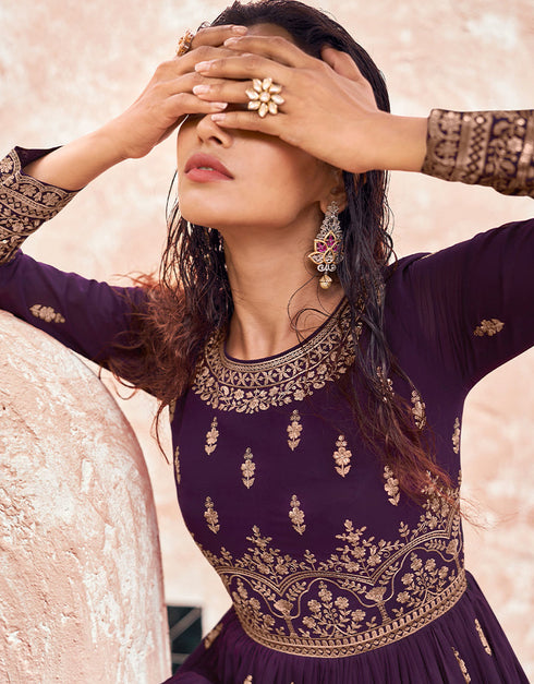 Designer Party Wear Heavy Salwar Suit Collection Purple Georgette Palazzo Dress Close-up View