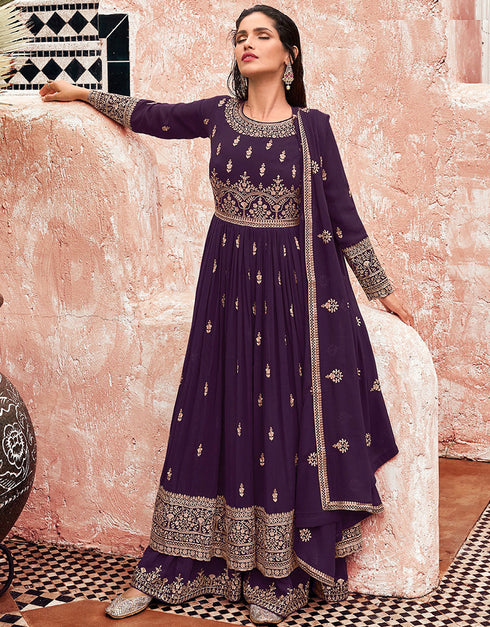 Designer Party Wear Heavy Salwar Suit Collection Purple Georgette Palazzo Dress Front View