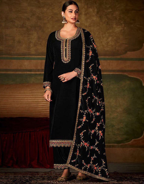 Designer Party Wear Heavy Salwar Suit Collection Black Velvet Palazzo Straight Front View