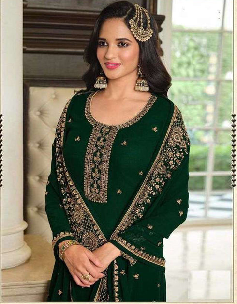 Designer Party Wear Heavy Salwar Suit Collection Green Faux Georgette Sharara Straight Close-up View