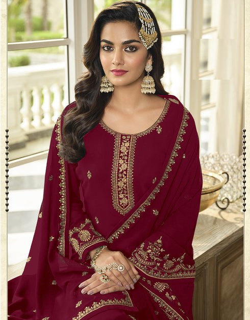 Designer Party Wear Heavy Salwar Suit Collection Maroon Faux Georgette Sharara Straight Close-up View