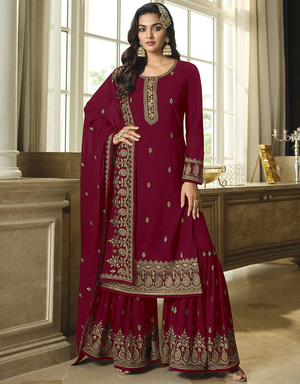 Designer Party Wear Heavy Salwar Suit Collection Maroon Faux Georgette Sharara Straight Front View
