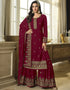Designer Party Wear Heavy Salwar Suit Collection Maroon Faux Georgette Sharara Straight Front View