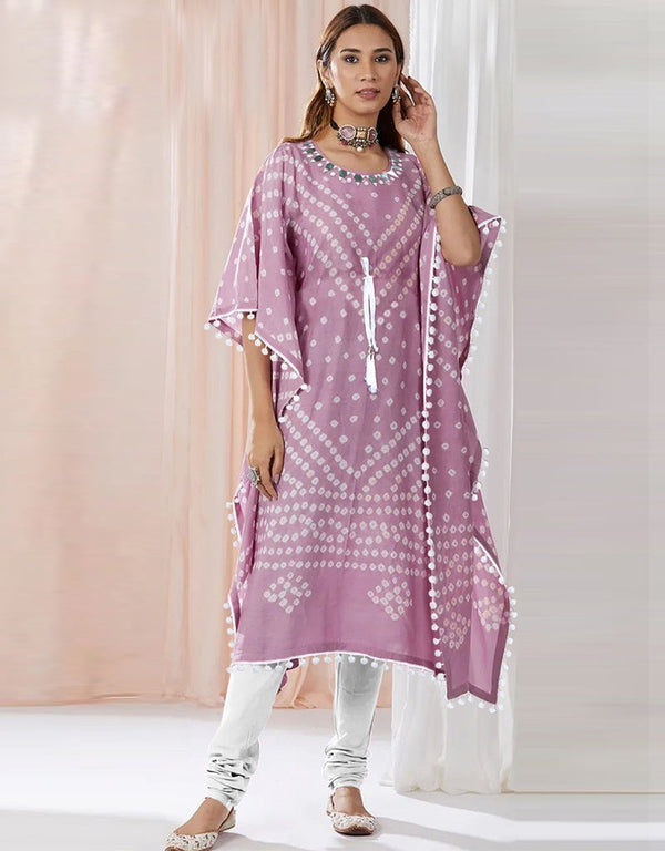 Designer Party Wear Readymade Muslin Kaftan Style Dress Light Purple Muslin Pant Dress Front View