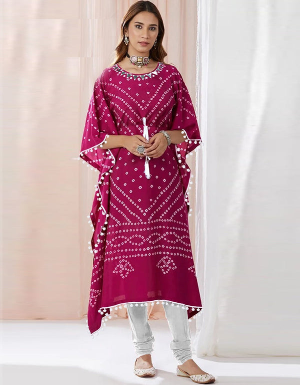 Designer Party Wear Readymade Muslin Kaftan Style Dress Dark Pink Muslin Pant Dress Front View