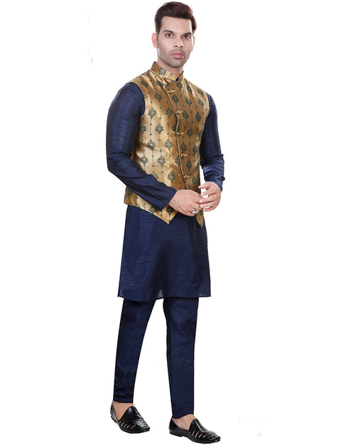 Designer Mens'S Wear Readymade Kurta Paijama With Jacket Collection Navy Blue Kurta Art Silk Pant Back View