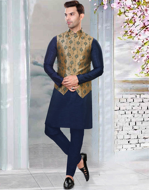 Designer Mens'S Wear Readymade Kurta Paijama With Jacket Collection Navy Blue Kurta Art Silk Pant Front View