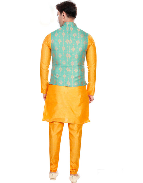 Designer Mens'S Wear Readymade Kurta Paijama With Jacket Collection Yellow Kurta Art Silk Pant Back View