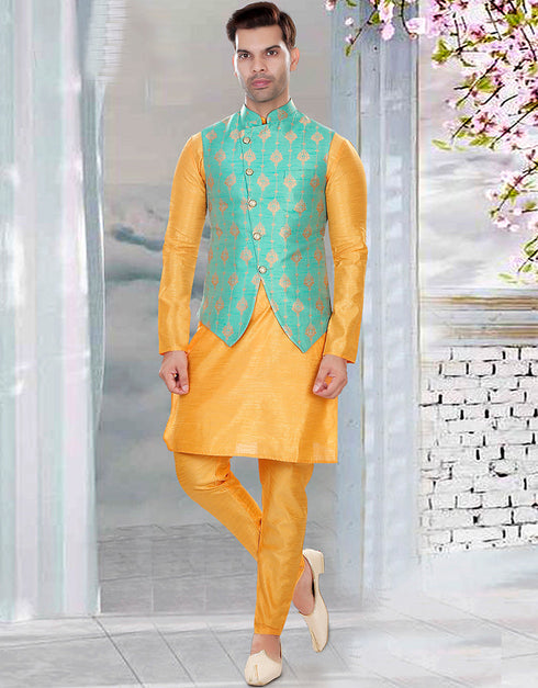 Designer Mens'S Wear Readymade Kurta Paijama With Jacket Collection Yellow Kurta Art Silk Pant Front View