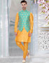 Designer Mens'S Wear Readymade Kurta Paijama With Jacket Collection Yellow Kurta Art Silk Pant Front View