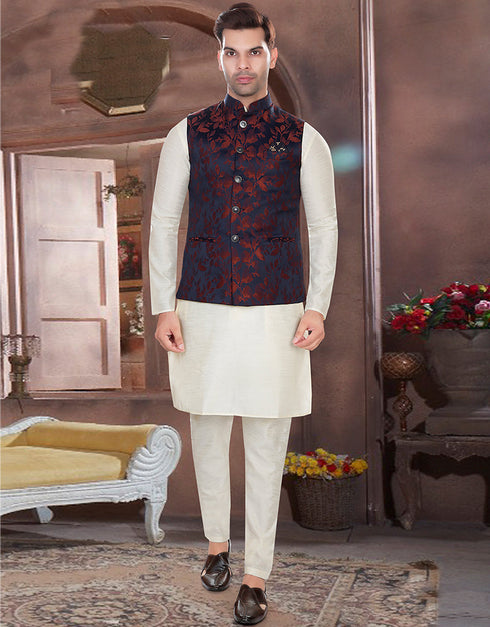 Designer Mens'S Wear Readymade Kurta Paijama With Jacket Collection Cream Kurta Art Silk Pant Front View