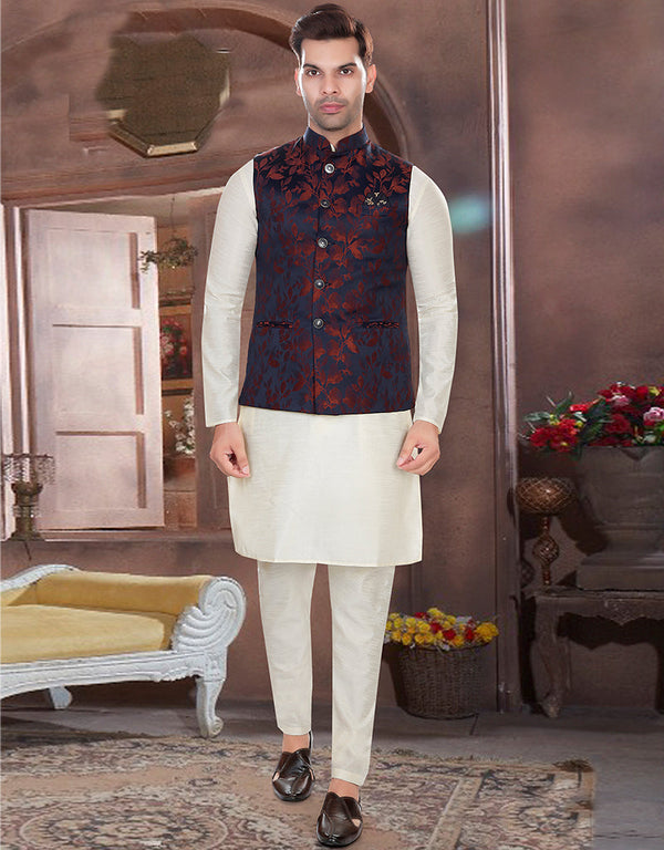Designer Mens'S Wear Readymade Kurta Paijama With Jacket Collection Cream Kurta Art Silk Pant Front View